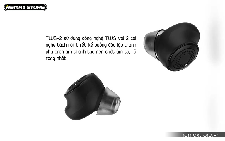 1 bộ 2 tai nghe Bluetooth Remax TWS-2 sử dụng công nghệ TWS hiện đại
