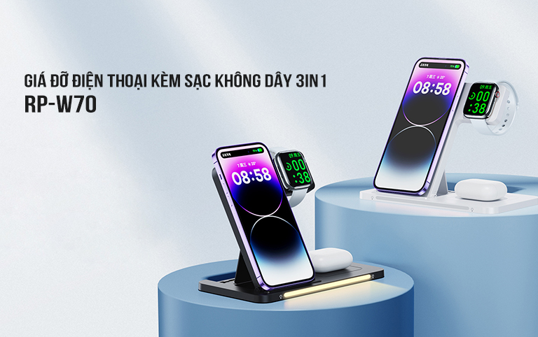 Giá đỡ điện thoại kèm sạc không dây 15W 3in1 RP-W70