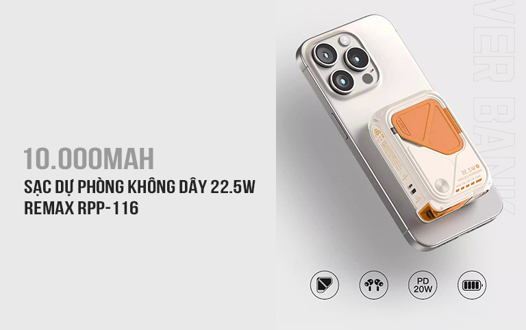 Sạc dự phòng không dây 10000mAh 22.5W Remax RPP-116