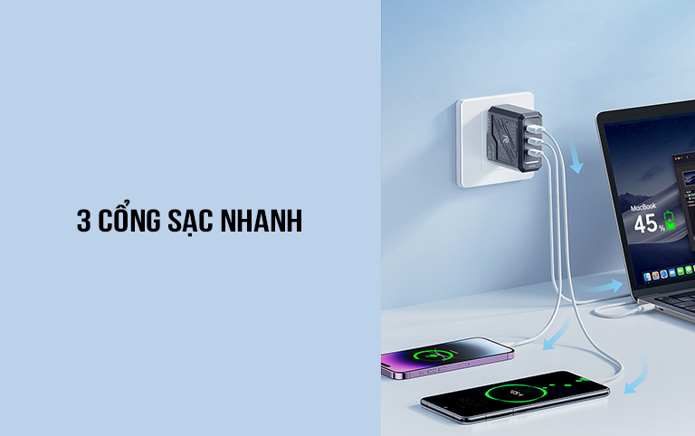 Củ sạc nhanh GaN 3 cổng 65W Remax RP-U108